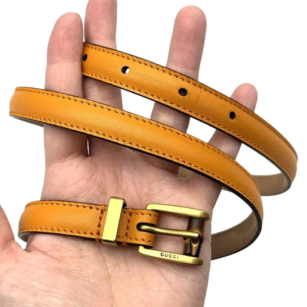 Authentic GUCCI 339065 Marigold Leather Bamboo Buckle Skinny Belt 36 Italy $449
